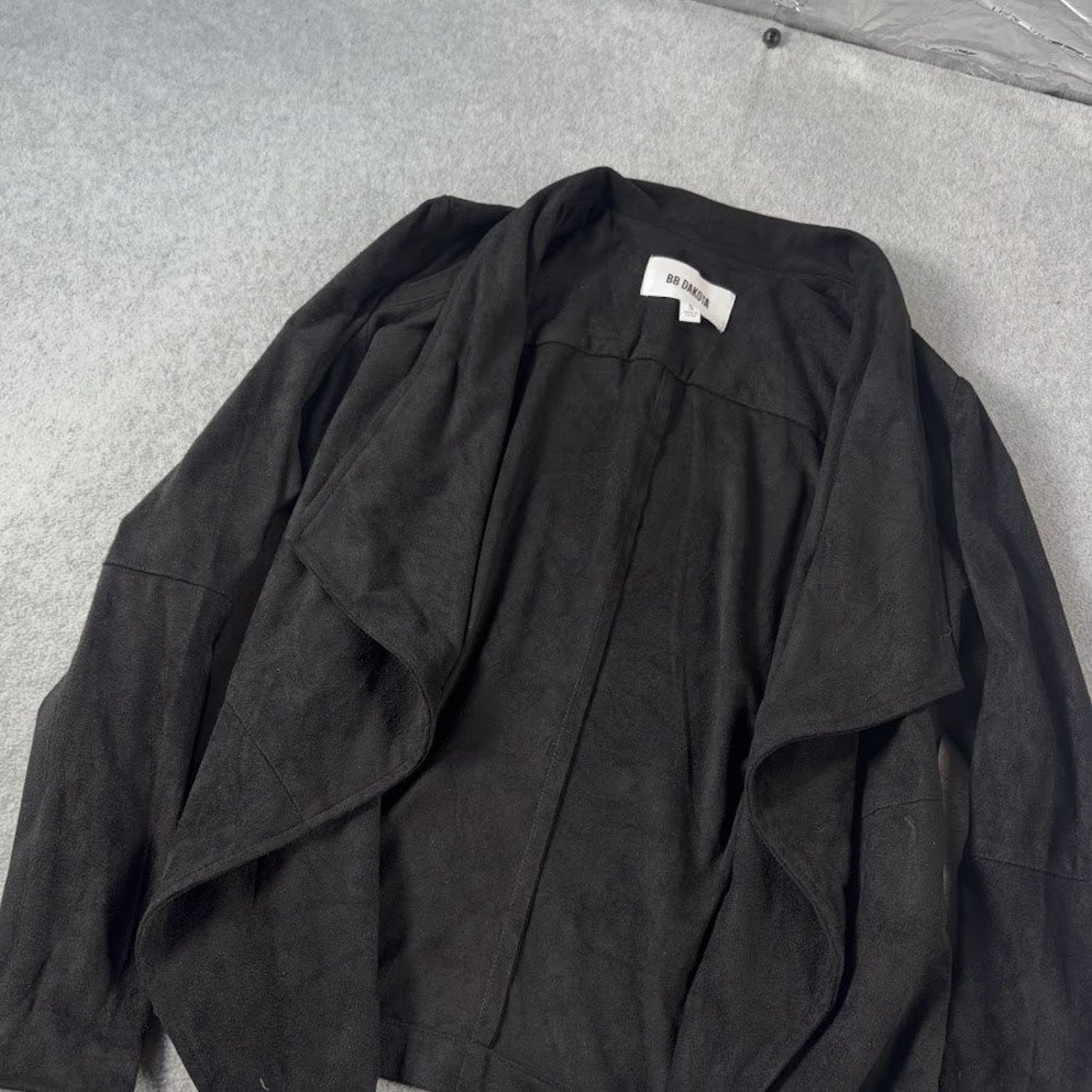 BB Dakota Drape Front Jacket Womens S Black Solid Faux Suede Open Moto Style